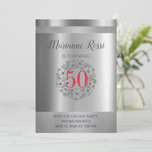 Invitation Silver Metallic Online Virtual 50e anniversaire (Debout devant)