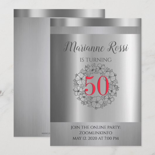 Invitation Silver Metallic Online Virtual 50e anniversaire (Devant / Derrière)