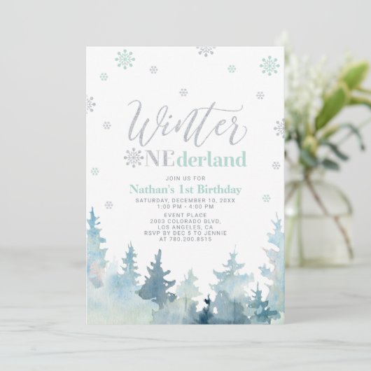 Invitation Silver & Mint Winter onederland 1er anniversaire (Debout devant)