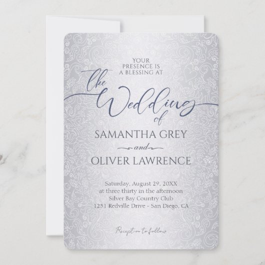 Invitation Silver Modern Mariage damassé (Devant)