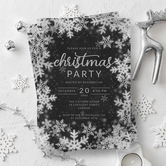 Invitation Silver moderne Black Snowflakes Société Noël