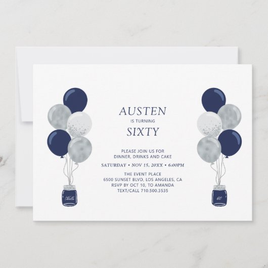 Invitation Silver & Navy Balloon moderne Adulte fête d'annive (Devant)