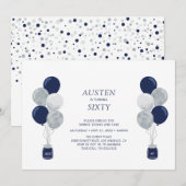 Invitation Silver & Navy Balloon moderne Adulte fête d'annive (Devant / Derrière)
