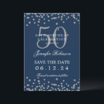 Invitation Silver Navy Blue 50th Birthday Save Date & Détails<br><div class="desc">Elégant design "50th Birthday Party" avec faux confettis de parties scintillant & détails texte. Facile à utiliser et facile à personnaliser. Commandez aujourd'hui !</div>