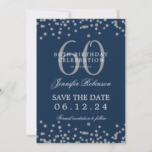 Invitation Silver Navy Blue 60th Birthday Save Date Confetti (Devant)