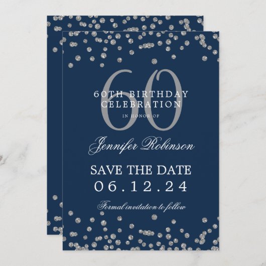 Invitation Silver Navy Blue 60th Birthday Save Date Confetti (Devant / Derrière)