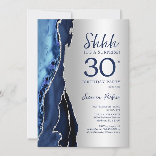 Invitation Silver Navy Blue Agate Surprise 30e anniversaire (Devant)