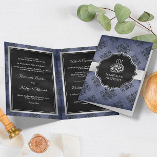Invitation Silver Navy Blue Black Damask Mariage musulman
