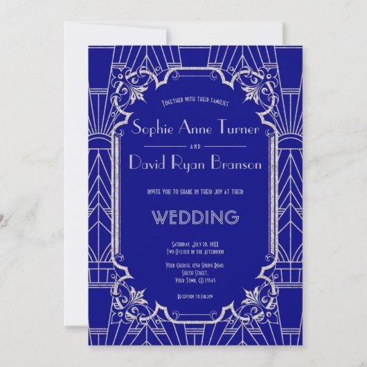 Invitation Silver Navy Blue Great Gatsby Art Déco Mariage des (Devant)