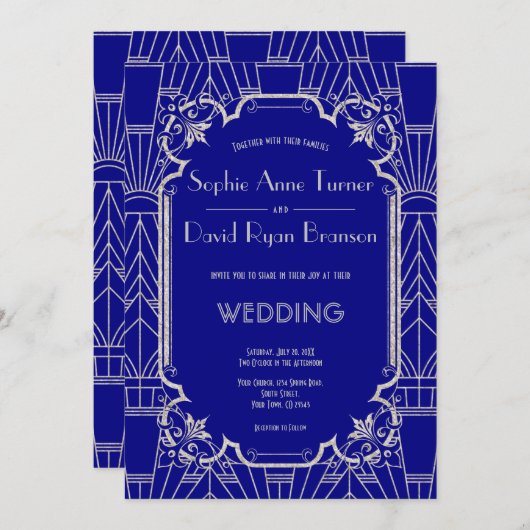 Invitation Silver Navy Blue Great Gatsby Art Déco Mariage des (Devant / Derrière)