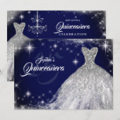 Invitation Silver Navy Blue Lace Diamond Gown Quinceanera (Devant / Derrière)