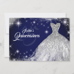 Invitation Silver Navy Blue Lace Diamond Gown Quinceanera