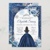 Invitation Silver Navy Blue Magical Winter Flocon de neige ma (Devant / Derrière)