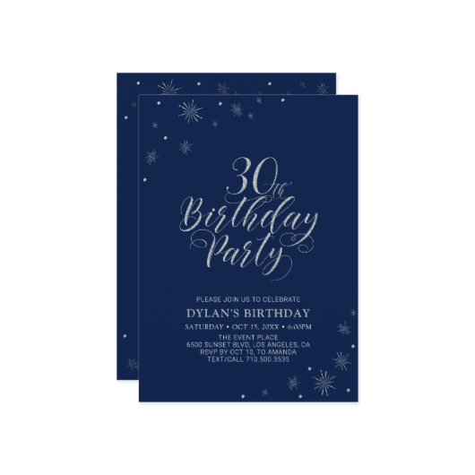 Invitation Silver & Navy Blue Modern Chic 30e fête d'annivers (Devant/Arrière en situation)