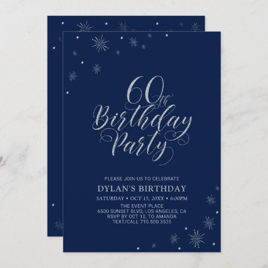 Invitation Silver & Navy Blue Modern Chic 60e fête d'annivers (Devant / Derrière)