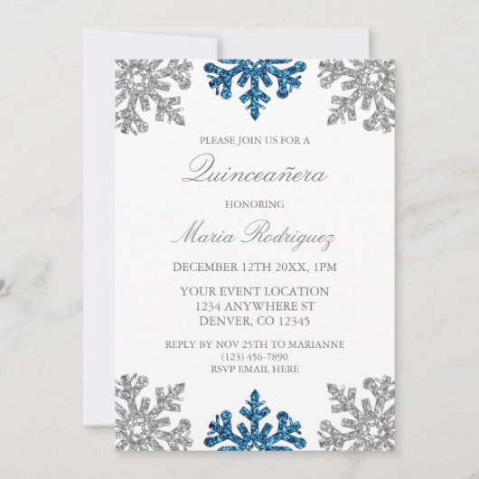 Invitation Silver Navy Blue Snowflake Winter Quinceanera (Devant)
