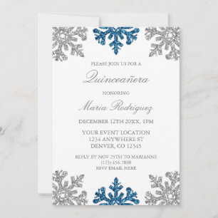 Invitation Silver Navy Blue Snowflake Winter Quinceanera