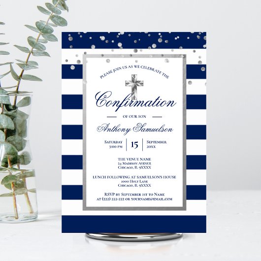 Invitation Silver Navy Blue Stripes Confirmation Boy