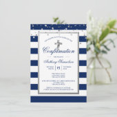 Invitation Silver Navy Blue Stripes Confirmation Boy (Debout devant)