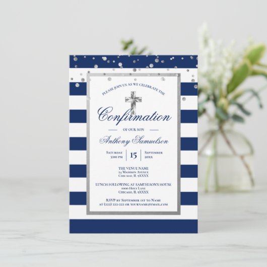 Invitation Silver Navy Blue Stripes Confirmation Boy (Debout devant)