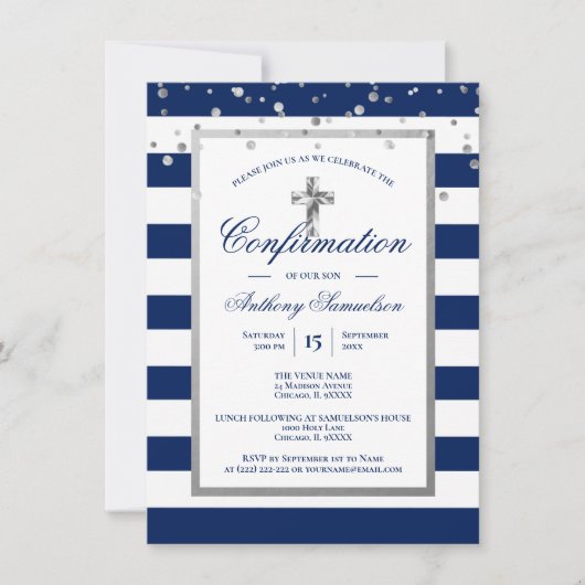 Invitation Silver Navy Blue Stripes Confirmation Boy (Devant)