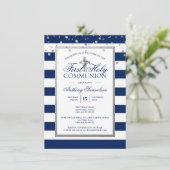 Invitation Silver Navy Blue Stripes Premier Saint Communion G (Debout devant)