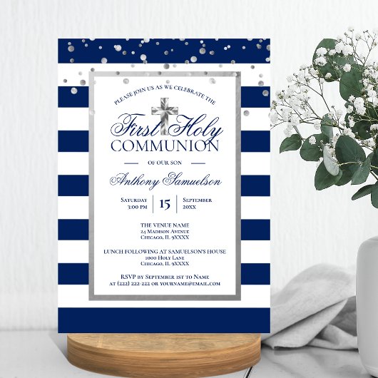 Invitation Silver Navy Blue Stripes Premier Saint Communion G