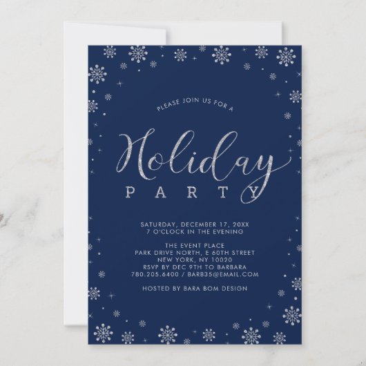 Invitation Silver & Navy | Fête de Noël aux flocons de neige (Devant)
