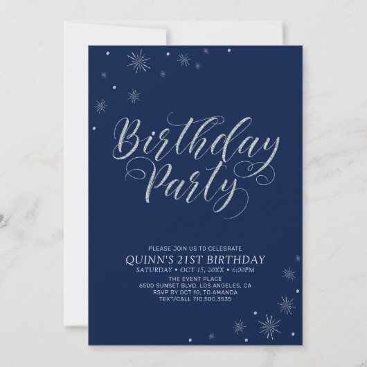 Invitation Silver & Navy Photo moderne Adult Anniversaire Par (Devant)