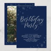 Invitation Silver & Navy Photo moderne Adult Anniversaire Par (Devant / Derrière)