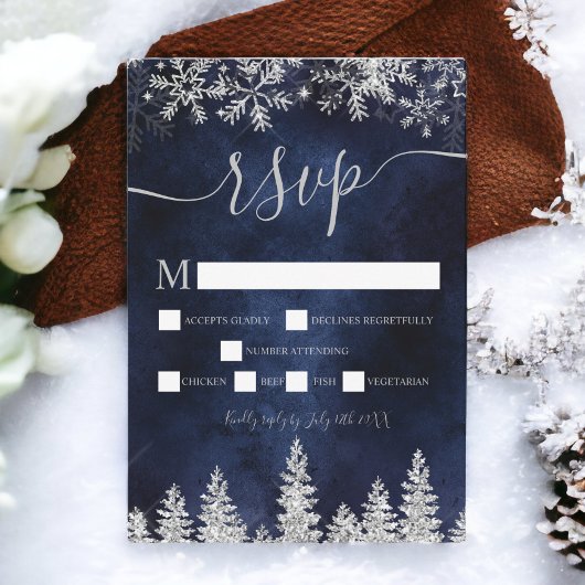 Invitation Silver neigeux marine Noël hiver rsvp
