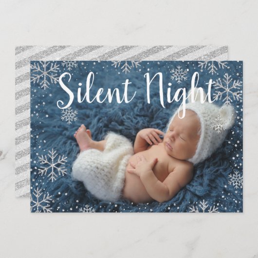 Invitation Silver Night Silver Snowflakes Naissance du bébé d (Devant / Derrière)