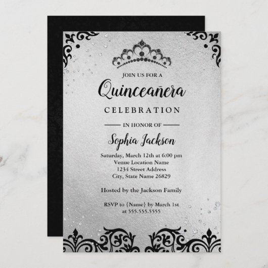 Invitation Silver noir Tiara Damask Quinceanera (Devant / Derrière)