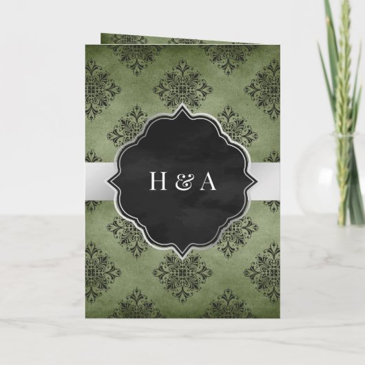 Invitation Silver Olive Green Black Damask Mariage musulman (Dos)