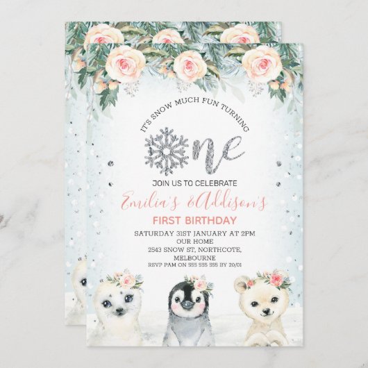 Invitation Silver One Twins Hiver Animaux 1er Anniversaire (Devant / Derrière)