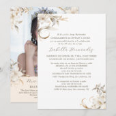 Invitation Silver, or et blanc Floral espagnol Quinceañera (Devant / Derrière)