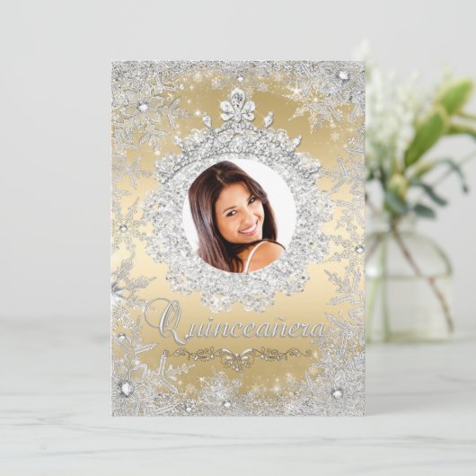 Invitation Silver Or Tiara Snowflake Sparkle Quinceanera (Debout devant)