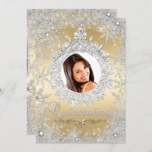 Invitation Silver Or Tiara Snowflake Sparkle Quinceanera (Devant / Derrière)