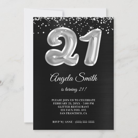 Invitation Silver Parties scintillant Black Foil Numéro 21 An (Devant)