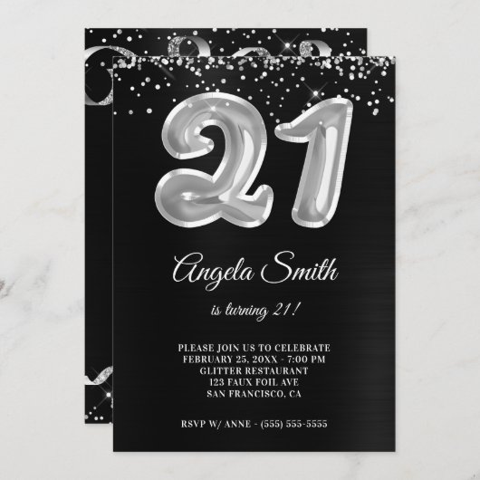 Invitation Silver Parties scintillant Black Foil Numéro 21 An (Devant / Derrière)