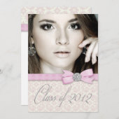 Invitation Silver Pink Damask Photo Annonces de graduation (Devant / Derrière)