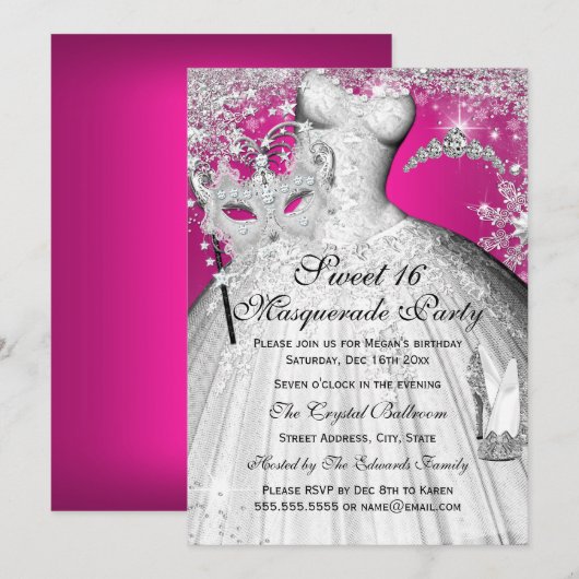 Invitation Silver Pink Princess Masquerade Sweet 1 (Devant / Derrière)