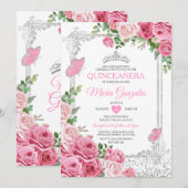Invitation SIlver Pink Quinceañera papillon de la Couronne 15 (Devant / Derrière)