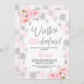 Invitation Silver Pink Snowflakes Hiver Onederland Anniversai (Devant / Derrière)