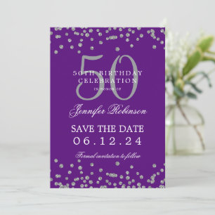 Invitation Silver Purple 50th Birthday Date et détails