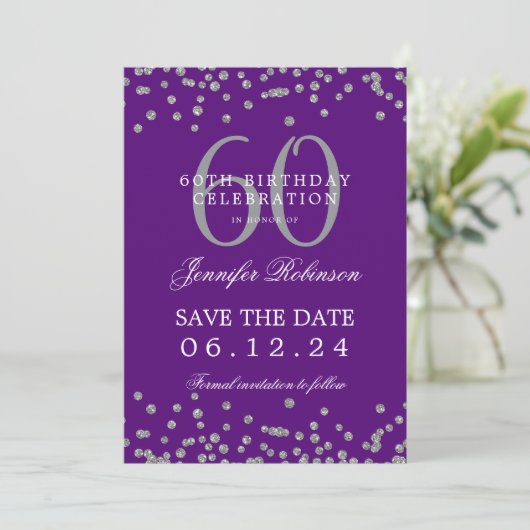 Invitation Silver Purple 60th Birthday Save Date Détails (Debout devant)