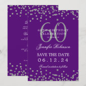 Invitation Silver Purple 60th Birthday Save Date Détails (Devant / Derrière)