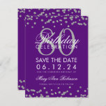 Invitation Silver Purple 80th Birthday Save Date Confetti<br><div class="desc">Elégant design "80e anniversaire fête" avec Parties scintillant Silver Faux Confetti Purple et nom personnalisé et texte de détails. Facile à utiliser et facile à personnaliser. Commandez aujourd'hui !</div>