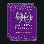 Invitation Silver Purple 90th Birthday Save Date Confetti<br><div class="desc">Elégant design "90e anniversaire fête" avec Parties scintillant Silver Faux Confetti Purple et nom personnalisé et texte de détails. Facile à utiliser et facile à personnaliser. Commandez aujourd'hui !</div>
