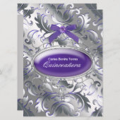 Invitation Silver Purple Damask Élégant Violet Quinceanera (Devant / Derrière)